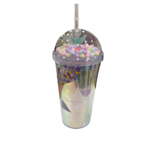 CM4319 - Oferta Caja x 60 Unid - Vaso de acrílico c/tapa rosa y sorbito Burbujas Tornasol helado 16x10cm (3481)