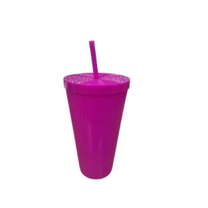 45041 - Vaso de plástico c/ tapa y sorbito texturado rayas 18x10cm (9945)(Vta mín 6Uni)