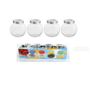 CM4286 - Oferta Caja x 36 Unid - Set de 4 condimenteros de vidrio con tapa rosca plateada (4899) 10x7cm