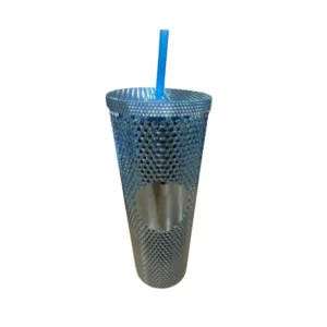 45027 - Vaso de plástico c/ tapa y sorbito Metalizado 23x10cm (Vta mínima 8 Uni)(2717)